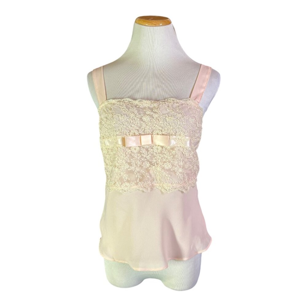Vintage Soft Moments Size S Pink Sleeveless Lingerie Top Lacy Bow